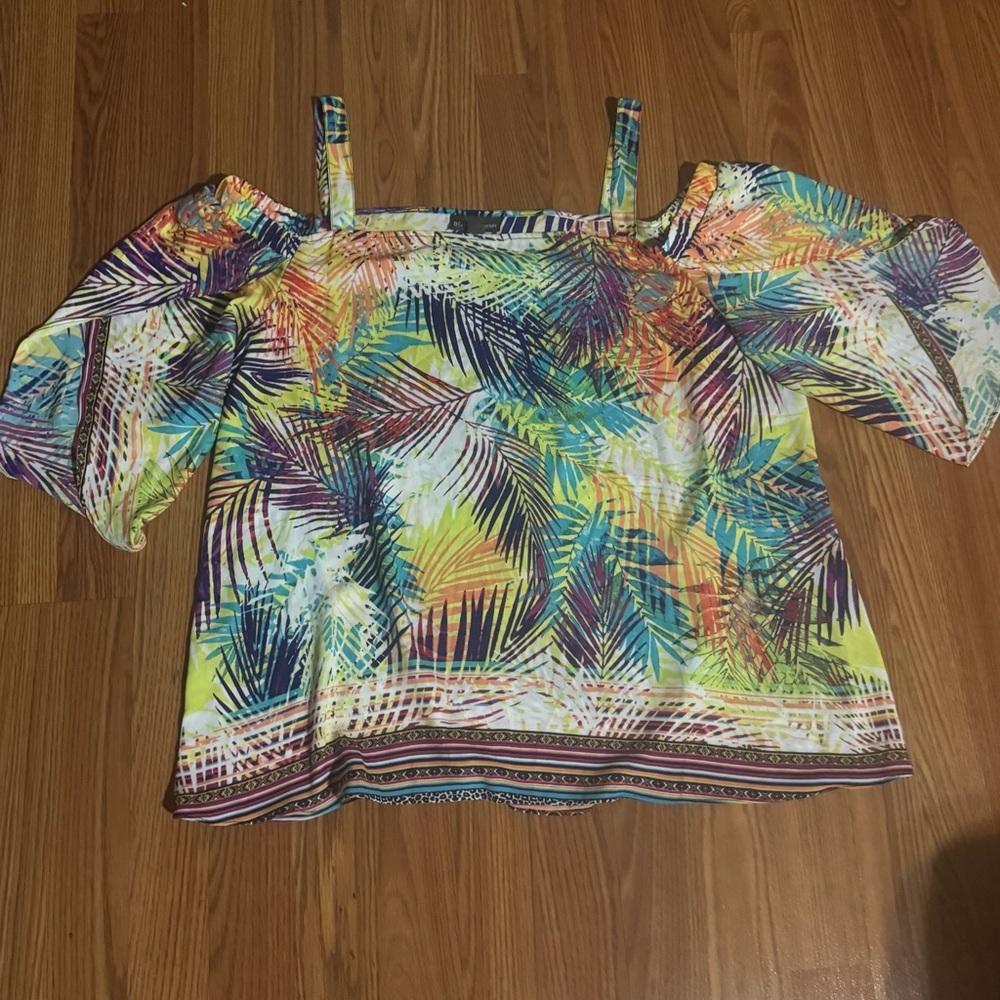BOLD Elements Multicolor Palm Print Cold Shoulder Tulip Sleeve Blouse Size XL‎